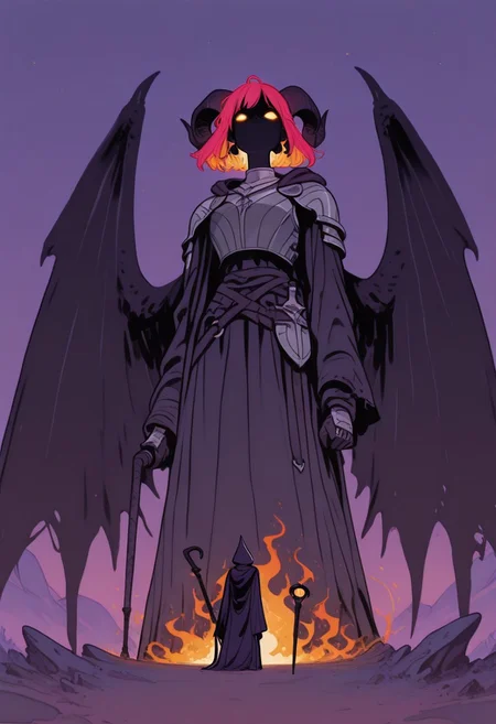 score_9, score_8_up, score_7_up, masterpiece, best quality, very aesthetic, SMN0UV34UDSK, art nouveau, 1woman, incoth, (incase:0.6), detailed face, (dynamic:1.2), demon, balrog woman, curled horns, giantess, cliff, abyss, violet flames, glowing whip, whip, huge wings, glowing eyes, glowing hair, armor, knight's armor, swinging whip, badass, dark, epic, perspective, (mage, robe, staff), belle époque, jugendstil, secession, liberty, guimard, mucha, klimt, fin de siècle
