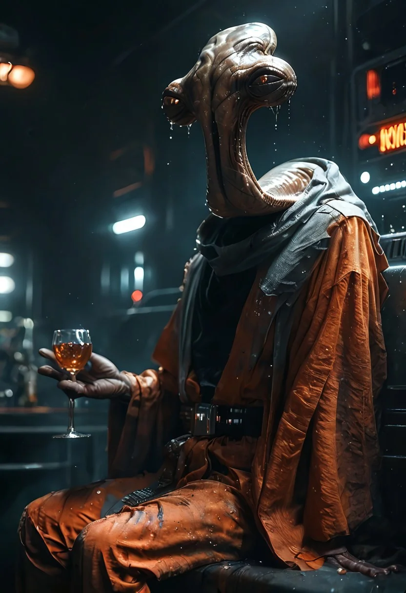 score_9, score_8_up, score_7_up, score_6_up, photo,  ithorian hammerhead alien, orange flightsuit, star wars cantina, sitting, alcohol, solo, skin texture, moist skin, pores, dynamic lighting, detailed shadows, dim light, ExpresHGothicNeonIncase