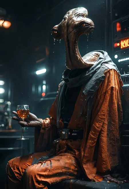 score_9, score_8_up, score_7_up, score_6_up, photo, ithorian hammerhead alien, orange flightsuit, star wars cantina, sitting, alcohol, solo, skin texture, moist skin, pores, dynamic lighting, detailed shadows, dim light, ExpresHGothicNeonIncase