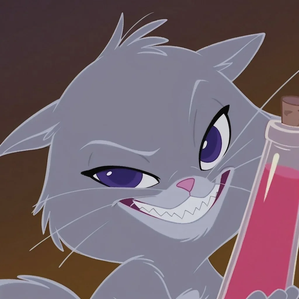 score_9, score_8_up, score_7_up, Expressiveh, masterpiece, best quality, highly detailed, realistic, zPDXL3, 1girl, solo, (CatYzma, furry, feral, feline, female cat, grey body, grey fur, dark-purple eyes, pink nose, 3 whiskers, fluffy tail, evil smile, sharp teeth), closed mouth, looking at viewer, smile, narrowed eyes, close-up, (purple background, simple background, vile, holding vile, 3 fingers)