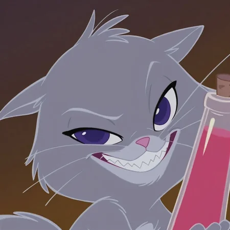 score_9, score_8_up, score_7_up, Expressiveh, masterpiece, best quality, highly detailed, realistic, zPDXL3, 1girl, solo, (CatYzma, furry, feral, feline, female cat, grey body, grey fur, dark-purple eyes, pink nose, 3 whiskers, fluffy tail, evil smile, sharp teeth), closed mouth, looking at viewer, smile, narrowed eyes, close-up, (purple background, simple background, vile, holding vile, 3 fingers)