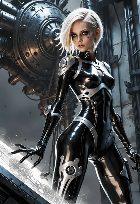 Semi-realistic comic book full-body picture depicting skinny female seen drawing a broken clockwork parts gauss-cannon. She has dyed hair and glittery black edgy makeup, while dressed in biomechanical cyborg suit with exposed midriff. Set in a sleek tower with advanced monsters emerging, teleporter malfunction, alien tension. With hard high key lighting, bold lines, stylized, high contrast, masterpiece, original <lora:dmd2_sdxl_4step_lora>