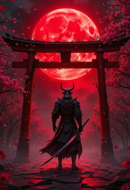 A lone samurai stands before a crumbling red torii gate under a massive blood moon, his shadow stretching long across the ground. He wears a fearsome samurai kabuto helmet with a horned crest, the metal scarred from battle. In his hands, a single katana catches the moon’s crimson glow, its edge gleaming like a sliver of ice.

Behind him, the gate’s peeling paint reveals ancient wood, and the sky pulses with an eerie red light. The air is thick with drifting cherry blossoms—some frozen mid-fall, others clinging to his armor like spectral hands. The ground is cracked, as if the earth itself recoils from his presence.

Ultra-detailed fantasy realism, blending historical samurai aesthetics with dark mythology. The blood moon’s light bathes everything in a surreal red hue, turning the scene into a waking nightmare