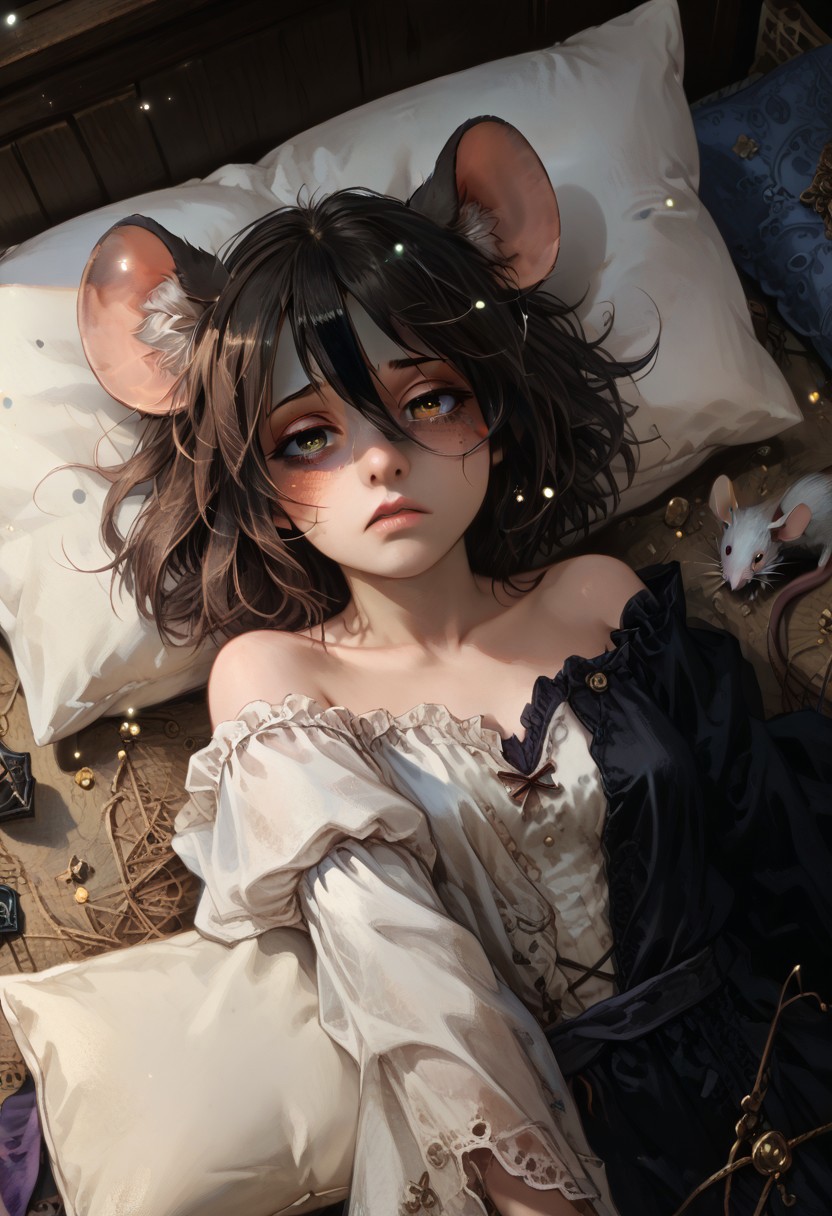 score_9, score_8_up, score_7_up), (Masterpiece), (expressive eyes), 1girl, Dormouse, animal ears, prehensile tail, pillow, tired, mouse ears, <lora:MGE_V5.0:1.2>
 dynamic pose,dynamic angle,particles,shaded face,
BREAK
<lora:552EC37A98:0.5> 1dk, portrait, Realistic, score_9, score_8_up, score_7_up, masterpiece,ph4nt0m01l,fFaceDetail,