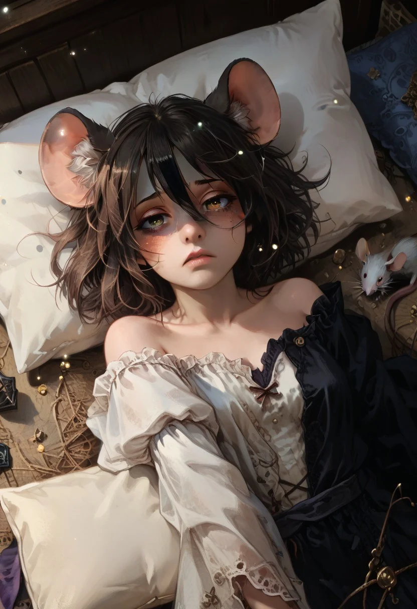 score_9, score_8_up, score_7_up), (Masterpiece), (expressive eyes), 1girl, Dormouse, animal ears, prehensile tail, pillow, tired, mouse ears, <lora:MGE_V5.0:1.2>
 dynamic pose,dynamic angle,particles,shaded face,
BREAK
<lora:552EC37A98:0.5> 1dk, portrait, Realistic, score_9, score_8_up, score_7_up, masterpiece,ph4nt0m01l,fFaceDetail,