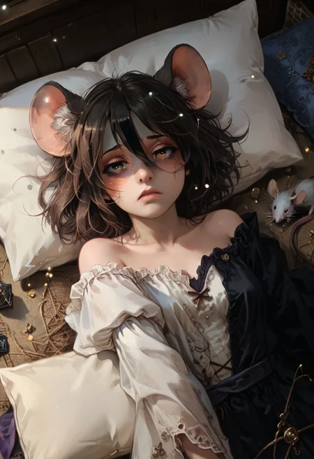 score_9, score_8_up, score_7_up), (Masterpiece), (expressive eyes), 1girl, Dormouse, animal ears, prehensile tail, pillow, tired, mouse ears, <lora:MGE_V5.0:1.2>
 dynamic pose,dynamic angle,particles,shaded face,
BREAK
<lora:552EC37A98:0.5> 1dk, portrait, Realistic, score_9, score_8_up, score_7_up, masterpiece,ph4nt0m01l,fFaceDetail,