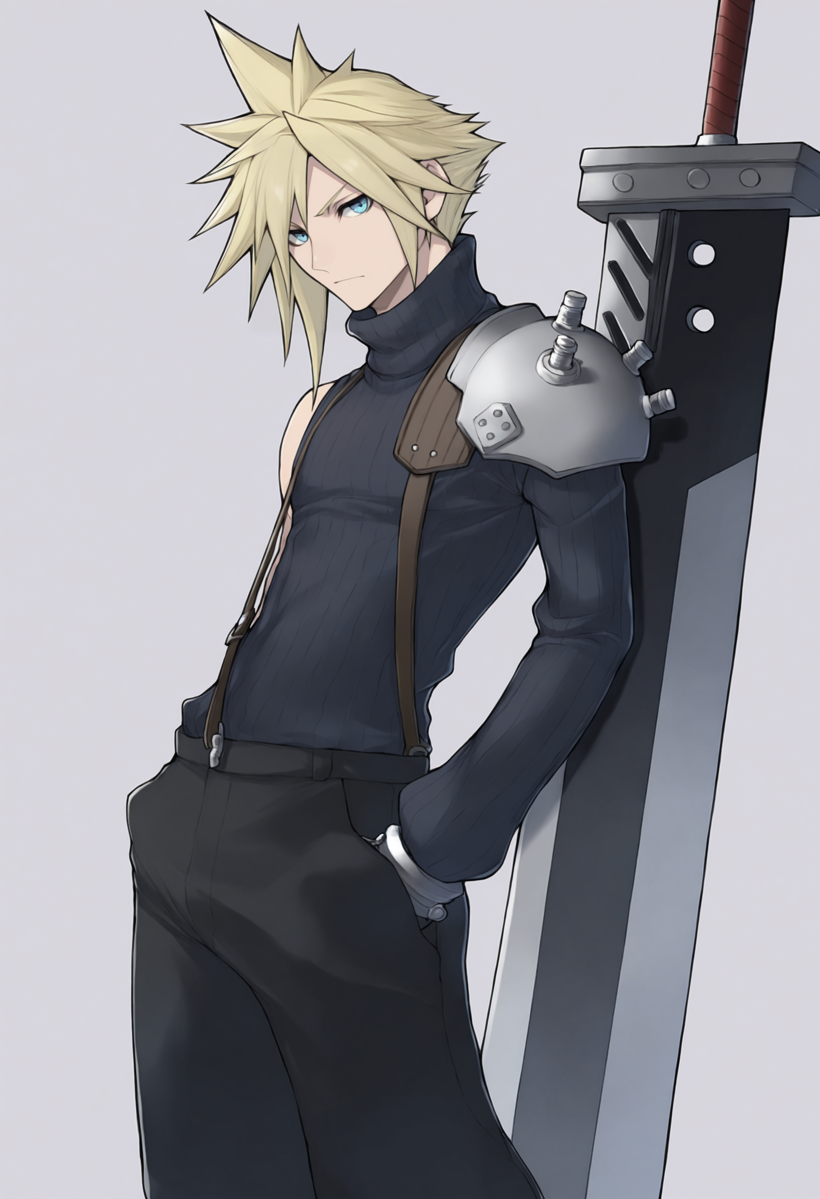 masterpiece, best quality, solo, 1boy, looking at viewer,  <lora:Yasuda-Suzuhito-illus_Fp:1>, simple background, cloud strife, buster sword, planted sword, leaning on object, hand in pocket, shoulder armor, black pants, long sleeves,