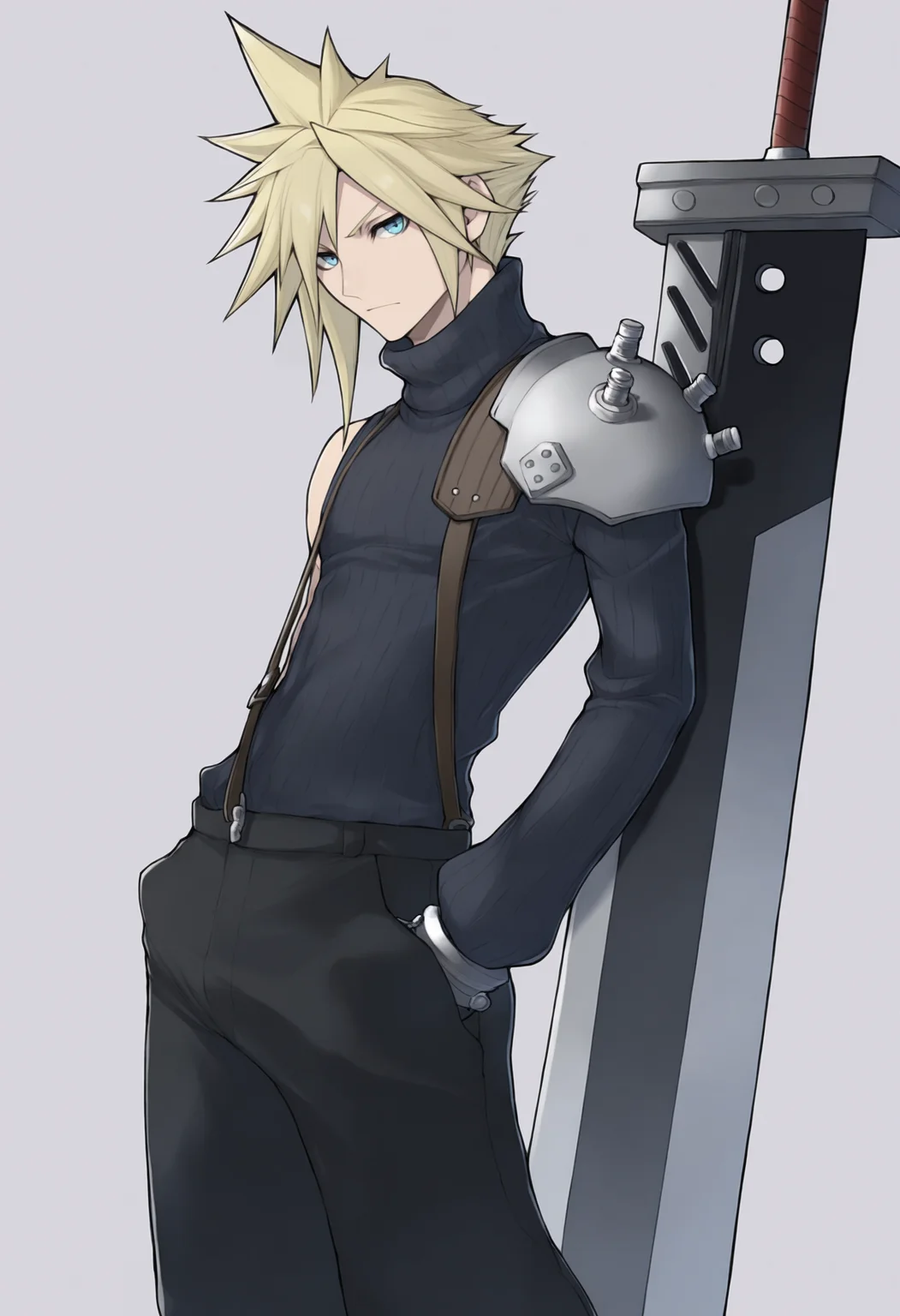 masterpiece, best quality, solo, 1boy, looking at viewer, <lora:Yasuda-Suzuhito-illus_Fp:1>, simple background, cloud strife, buster sword, planted sword, leaning on object, hand in pocket, shoulder armor, black pants, long sleeves,