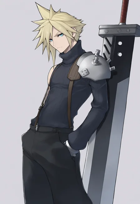 masterpiece, best quality, solo, 1boy, looking at viewer, <lora:Yasuda-Suzuhito-illus_Fp:1>, simple background, cloud strife, buster sword, planted sword, leaning on object, hand in pocket, shoulder armor, black pants, long sleeves,