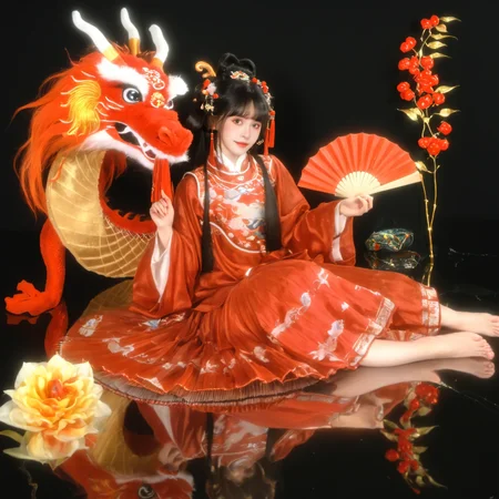 longnianhao,long1, 1girl, hand fan, black hair, reflection, dragon, holding, hair ornament, flower, holding fan, black background, solo, long sleeves, sitting, eastern dragon, bangs, chinese clothes, reflective floor, looking at viewer, folding fan, barefoot, dress, animal, long hair, tassel, red dress, wide sleeves, fox, blunt bangs, paper fan, jewelry, hair flower, water <lora:longnianhaosdxl-000010:0.8>