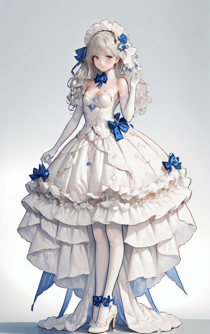 score_9, score_8_up, score_7_up, score_6_up, score_5_up, score_4_up,
 <lora:OverDesignedGirls:.7>
1girl, blue bow, bow, dress, elbow gloves, flower, frills, gloves, hair ornament, high heels, looking at viewer, ribbon, rose, solo, standing, white dress, white gloves, white legwear