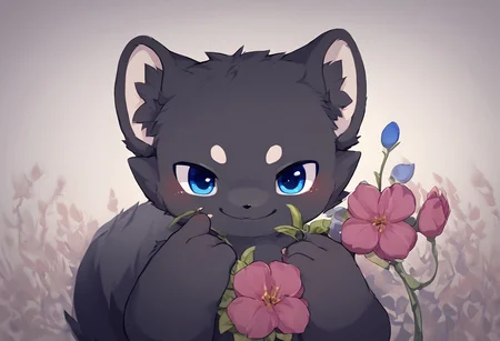 camellia flower, moketiw, solo, fallkick(blue eyes, black fur)