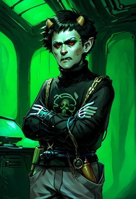 score_9, score_8_up, score_7_up, HD, best quality, masterpiece, detailed, Expressiveh, solo, w4rh4mm3r style oil painting, grimdark, cyberpunk, 1boy, looking at viewer, annoyed, frustrated,karkat vantas , black hair, short hair, horns, (grey skin), yellow sclera, red eyes, pointy ears, grey pants, sweatpants, turtleneck, black sweater, grunt, fangs, cancer \(symbol\) on sweater , crossed arms,
