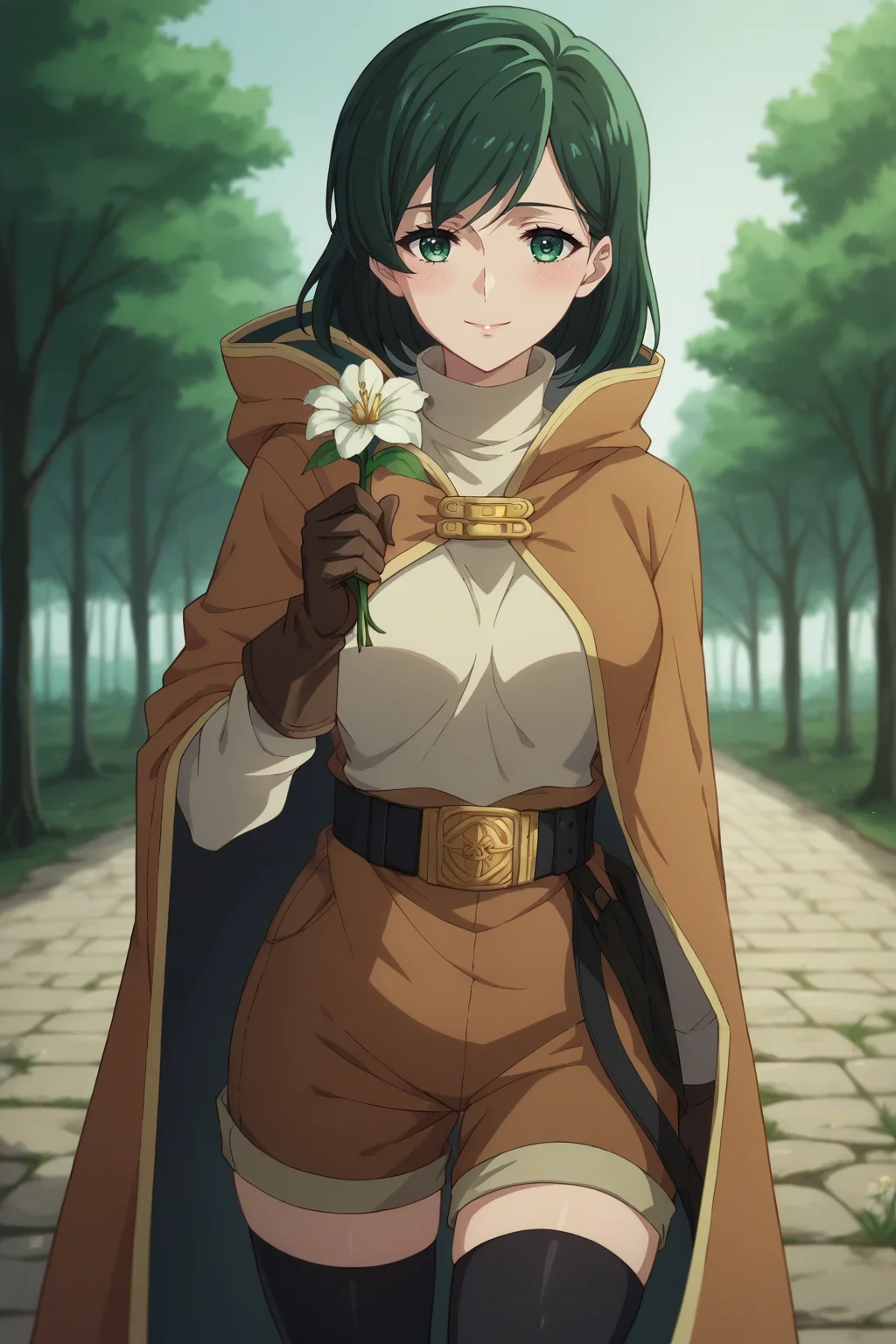 score_9, score_8_up, score_7_up, 1girl, prefect lighting, very aesthetic, intricate details, highly detailed background, masterpiece, high quality, prefect hands, best quality, solo,
<lora:Lily_Nier_V1:.85>, KJOlily, green hair, green eyes, medium hair, swept bangs,
grey robe, turtleneck, brown gloves, brown shorts, black thighhighs, black belt, gold belt buckle,
smile, holding flower, blush, looking at hand, hand up,
outdoors, forest, tree shade, sunbeam,
(Beautiful, medium Breasts:1.2), natural breasts,