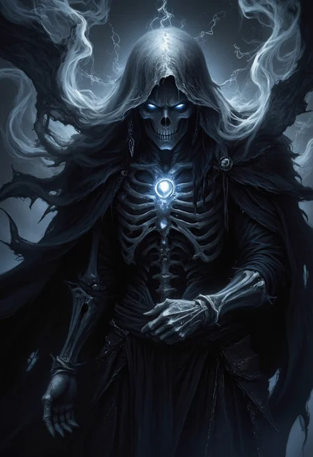 score_9, score_8_up, score_7_up, Halloween theme, /BREAK/  Dark light, Dark theme, Glowing eyes, ice haze, lich, dark fantasy, skeleton, smoke cloth, /BREAK/ hyper detailed, ultra detailed, hight resolution textures, masterpiece, best quality, 32K UHD, ArsMJStyle, dnddarkestfantasy, mythp0rt, Gloomy, smoke cloth,