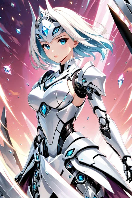 Jed-rbt, hkstyle, best quality, (illustration, incredibly absurdres:0.95), ultra detailed, 1girl, cinematic angle, knightess, beautiful eyes, tungsten, crystal armour, ornamental sword, cinematic lighting depth of field, [(gradation background:1.2)::0.2], (Glorious background:1.2), [<lora:loraeyesxl:1.15>::0.5], [:<lora:detailed_hands:1.2>:0.5], <lora:RoboStyle:1>