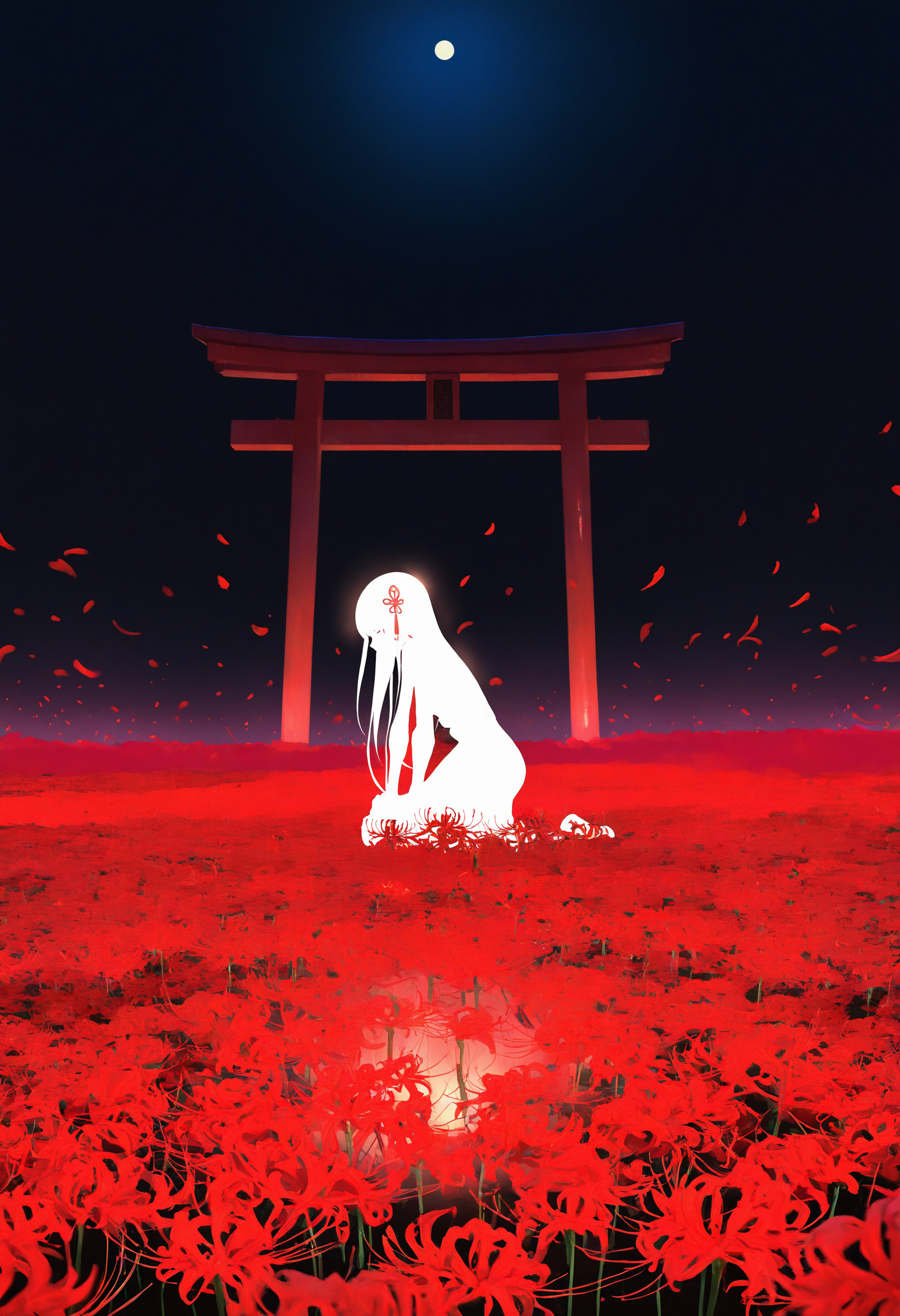 artist:[takarai shunsuke|yoneyama mai|fuzichoco|lam \(ramdayo\)|diyokama|xixun|ponsuke kaikai], flower field, red flower, spider lily, blending,
silhouette, flower field, 1girl, long hair, solo, petals, hair ornament, dress, from side, teardrop, water, hands on own knees,  kneeling, torii,
outdoors, glowing, night sky, dark, scenery,
masterpiece, best quality, very aesthetic, absurdres
<lora:illustrious_flower_field:1>
<lora:noobai_vpred_1_masterpieces_v1:1>