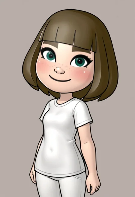 score_9, score_8_up, score_7_up, rating_safe, flat color, small nose, blush, white pants, smile, white skin, green-ish brown hair, sneakers, green eyes, female mii, fringe, mii, cute, brown eyebrows, long hair, small breasts, wii u, 1girl, white clothing, Millie_(\Wii_Sports_Club\)