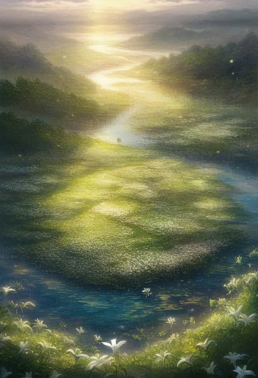 detailed background, from above,( Calm spring  landscape), amongst lush greenery, beautiful view, Flower Field, lily flower in full bloom, lily flower, early morning, sunrise sky, beautiful clouds, dappled beautiful, Tranquil Lake, Walkway, petals dancing in the wind, depth of field, masterpiece, best quality, ultra-detailed, very aesthetic, illustration, perfect composition, intricate details, absurdres, moody lighting, wisps of light, no humans,
