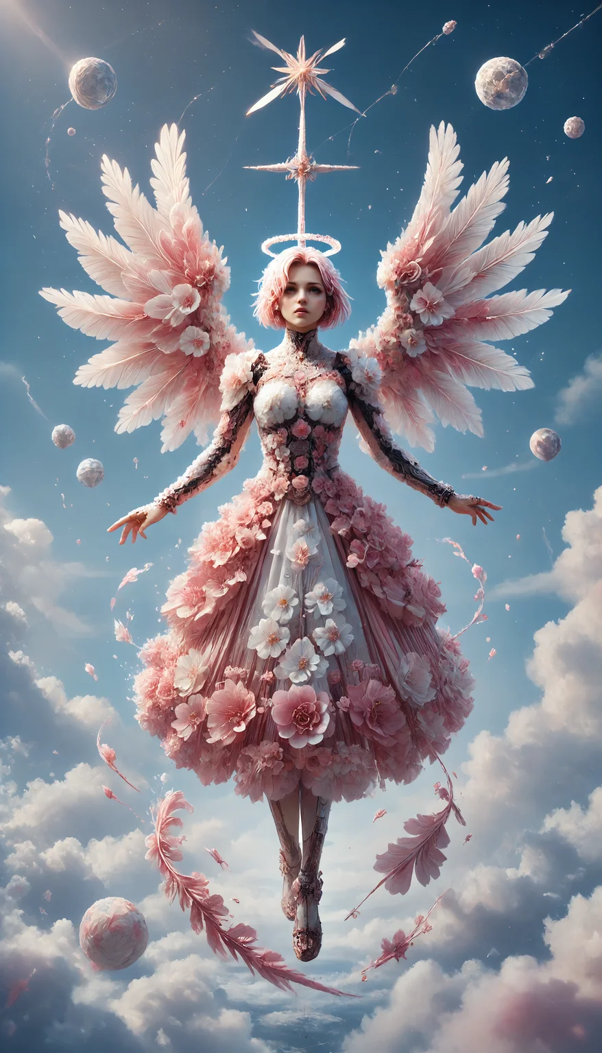 score_9, score_8_up, score_7_up, BREAK, made of sakura, 1girl, solo, futuristic celestial angel floating above the clouds made of sakura, (full body view:1.3)