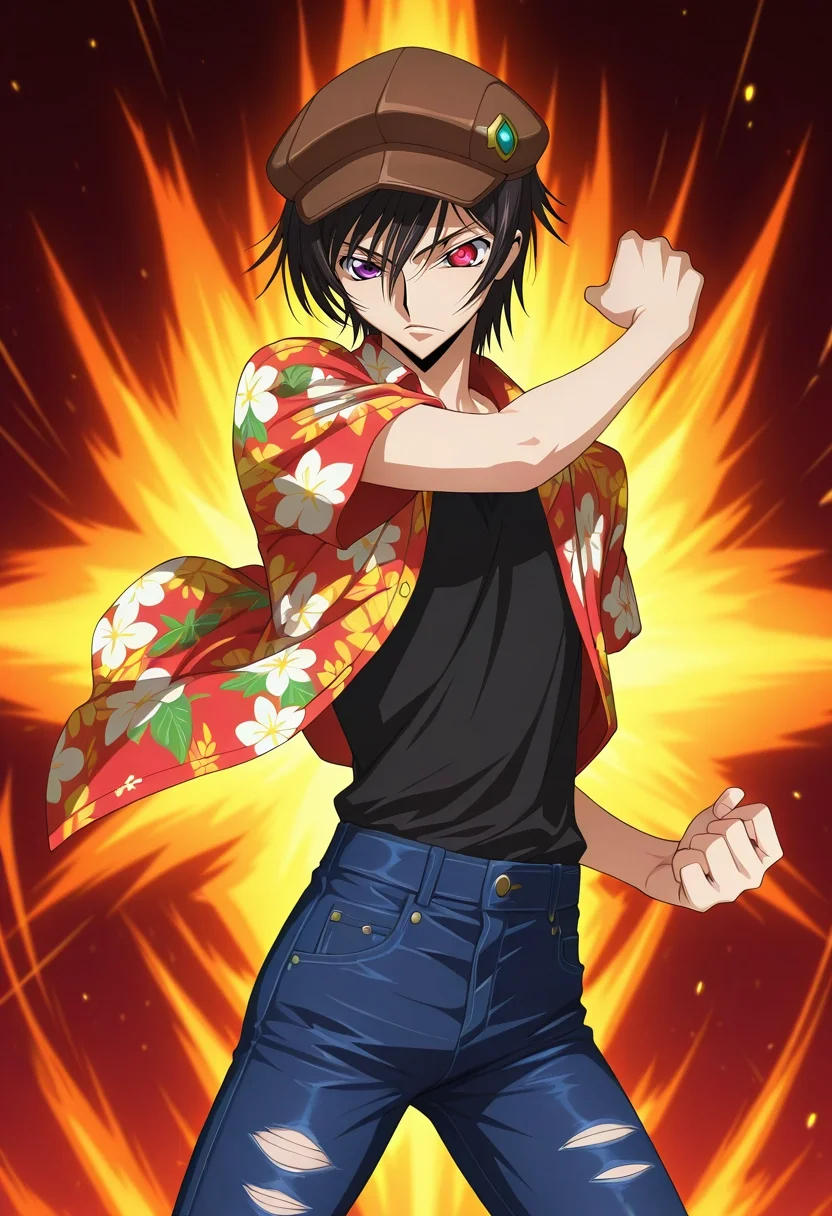 masterpiece, best quality, intricate details, anime screencap, anime coloring, , , 1boy, solo, male focus, <lora:lelouch_lamperouge_ilxl:0.96>, lelouch_lamperouge, black hair, purple eyes, hair between eyes, bangs, short hair, heterochromia, red eyes, , cowboy shot, ayers rock, noon, (dynamic pose), relaxed, RoseGold Lurex Motorcycle jeans, Hawaiian shirt, , Newsboy cap with ear flaps,