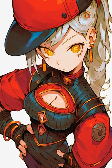 score_9, score_8_up, score_7_up, score_6_up, score_5_up, score_4_up, 1girl, solo, breasts, gloves, white hair, white background, simple background, looking at viewer, cleavage, clothing cutout, fingerless gloves, long hair, hat, yellow eyes, piercing, hand on hip, ear piercing, earrings, cleavage cutout, jewelry, ponytail, closed mouth, ringed eyes, from above, looking at viewer, 