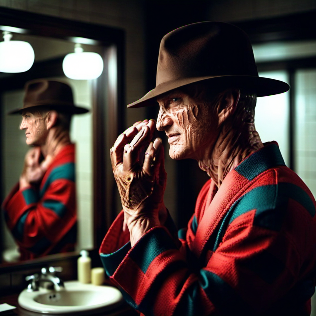 cinematic photo a man with a hat in a bathrobe looking to his face in a mirror, introspective, sad <lora:FreddyKrueger1024:0.8> . 35mm photograph, film, bokeh, professional, 4k, highly detailed