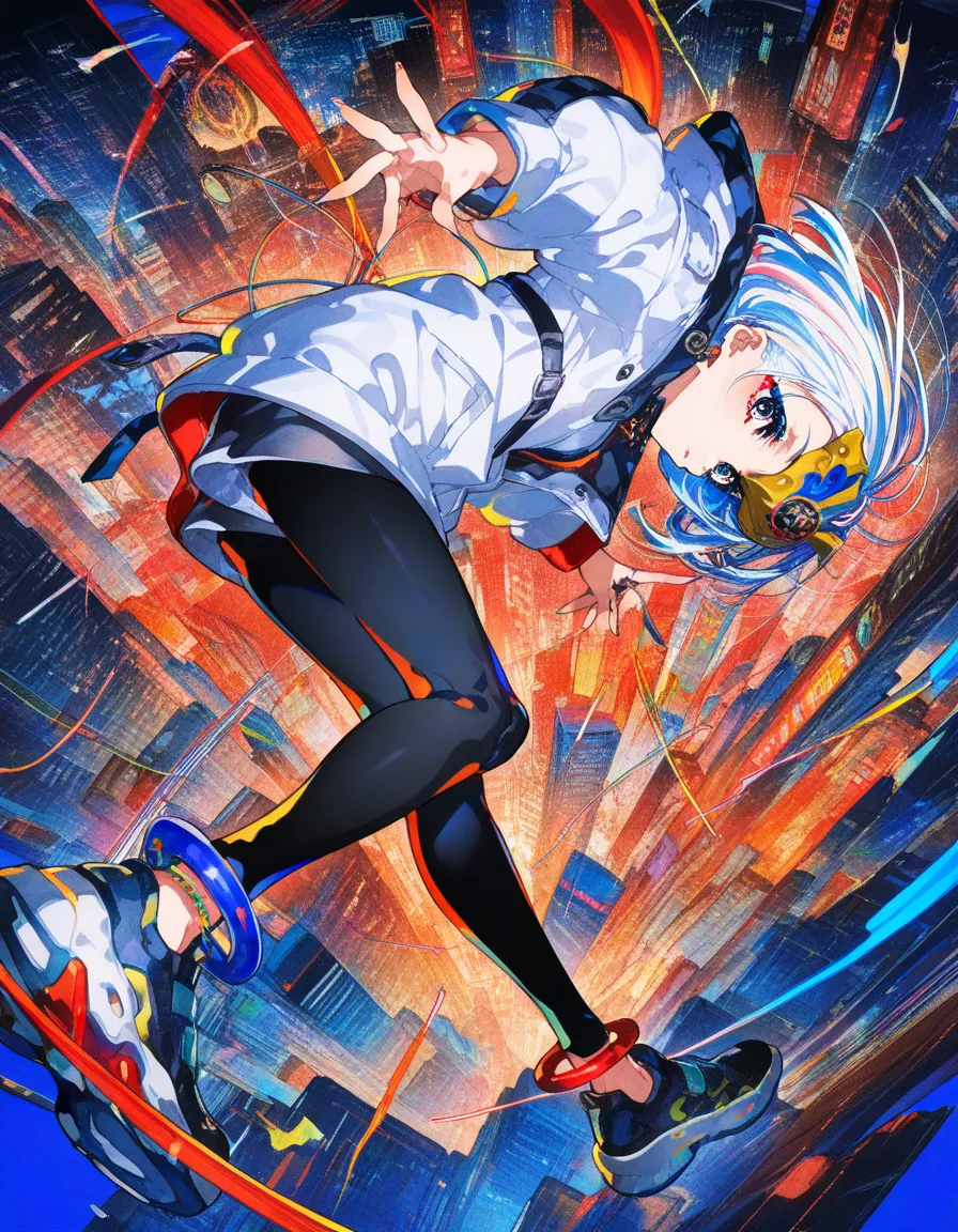 masterpiece, best quality, newest, very awa, Mika Pikazo, 1girl, white jacket, black leggings, blue anklet, echoes mask, solo. action pose, side view, perspective, motion lines, neon, floating, BREAK, city background, cyberpunk, technical,, colourful, blue, black, red, trippy, dynamic angle, extreme fisheye,