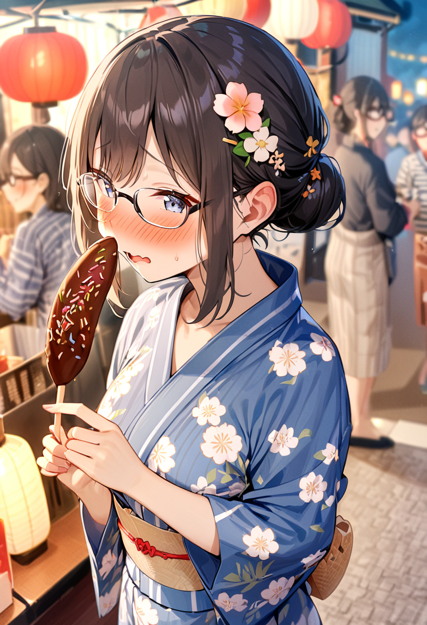 masterpiece, best quality, very aesthetic, absurdres,
chocolate banana, 1girl, solo, glasses, black hair, food, long hair, blush, holding, holding food, yukata, floral print, hair ornament, hair flower, hair bun, uchiwa, paper fan, paper lantern, night, blurry background, embarrassed, 
<lora:chocolate_banana_SDXL_V1:1>