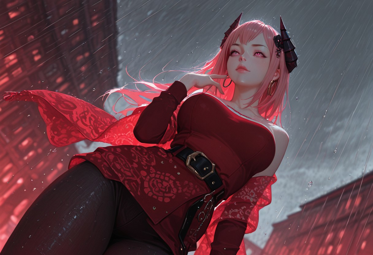 very detailed, flat color, no lineart, Vibrant Contrast, gradient colors, particle effect, (fine fabric emphasis:1.2), (((masterpiece, amazing quality, best quality, ultra-detailed, 8K, illustration, amazing quality, newest, absurdres, realistic))), highres, very aesthetic, absurd res, hi res, very awa, dynamic angle, refined, volumetric lighting, cinematic lighting, blurry background, close up vivid colors, ((source_realistic:1.6)), hyper detailed, (dynamic pose:1.4), depth of field, photorealistic colors,  
film grain, realistic, (cinematic:1.3), textured sketch, red theme, 
(lens blur:1.2),  
(dynamic angle), dutch angle, from below, long shot,
 contrapposto, hand up, looking afar,
grey sky, storm, rain, water drop, building, outdoors, 
(blurry background:1.2), fisheye, backlighting, depth of field, perspective, 
1girl, breasts, demon horns, horns, solo, long hair, pink hair, pink eyes, hair ornament, Patterned shawl, wide belt, sleek bob, large hoop earrings, strapless, collarbone, long sleeve,