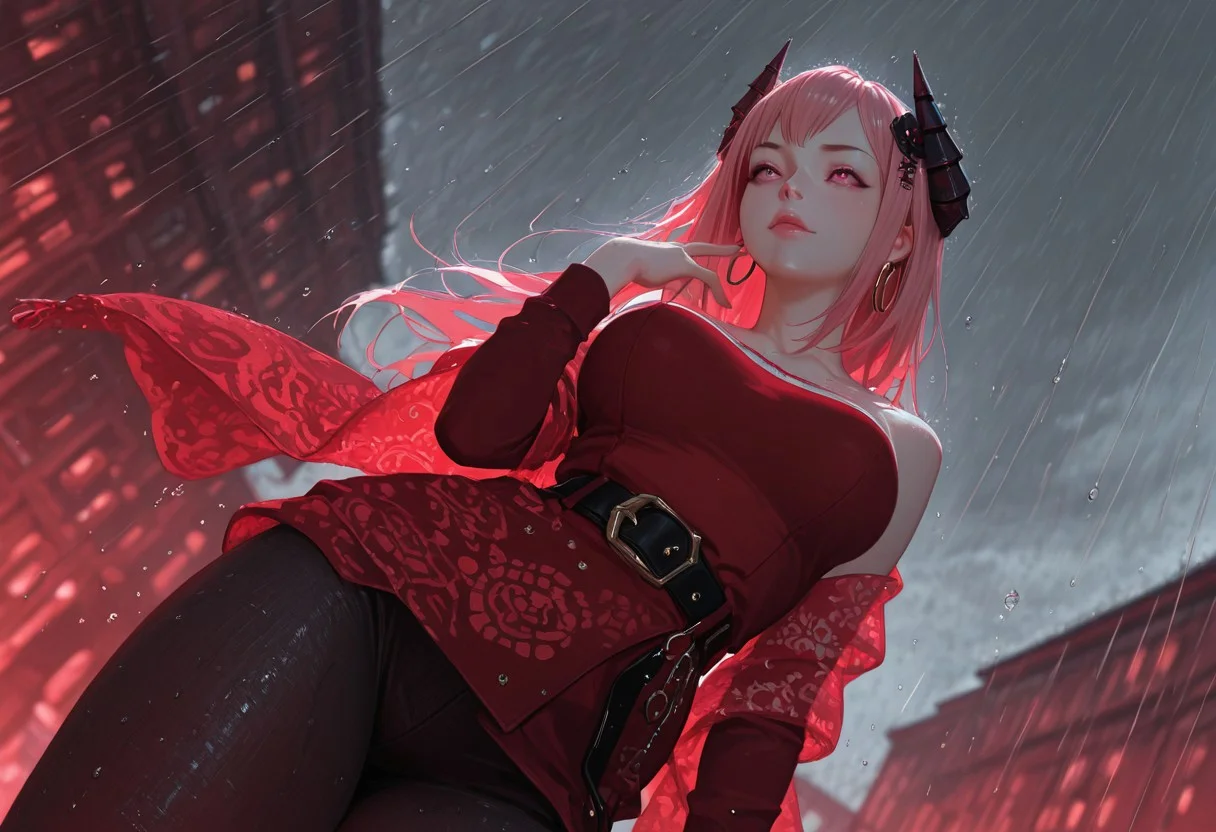 very detailed, flat color, no lineart, Vibrant Contrast, gradient colors, particle effect, (fine fabric emphasis:1.2), (((masterpiece, amazing quality, best quality, ultra-detailed, 8K, illustration, amazing quality, newest, absurdres, realistic))), highres, very aesthetic, absurd res, hi res, very awa, dynamic angle, refined, volumetric lighting, cinematic lighting, blurry background, close up vivid colors, ((source_realistic:1.6)), hyper detailed, (dynamic pose:1.4), depth of field, photorealistic colors,  
film grain, realistic, (cinematic:1.3), textured sketch, red theme, 
(lens blur:1.2),  
(dynamic angle), dutch angle, from below, long shot,
 contrapposto, hand up, looking afar,
grey sky, storm, rain, water drop, building, outdoors, 
(blurry background:1.2), fisheye, backlighting, depth of field, perspective, 
1girl, breasts, demon horns, horns, solo, long hair, pink hair, pink eyes, hair ornament, Patterned shawl, wide belt, sleek bob, large hoop earrings, strapless, collarbone, long sleeve,