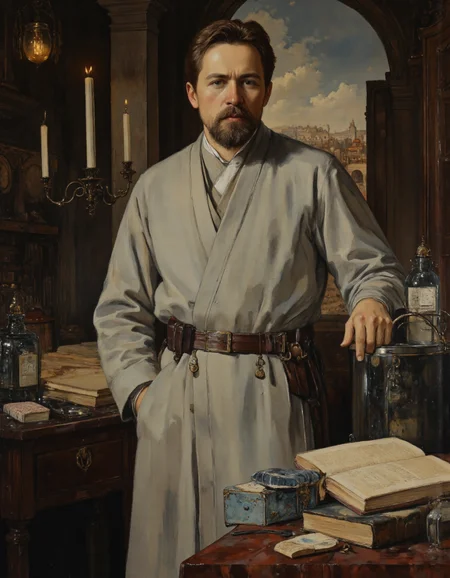 Rembrandt style, <lora:Dark_Ghibli:0.6>, Anton Chekhov reimagined as a Jedi Healer in the style of Kyle Katarn, calm and observant, wearing a light gray Jedi tunic, standing beside a medical table with bacta tank and ancient manuscripts, background showing a mix of provincial Russian town and Naboo architecture, Rembrandt-inspired chiaroscuro lighting, warm candle-like glow with deep shadows, oil painting texture, subtle symbolism, philosophical depth, cinematic framing, high detail, masterpiece-level realism --ar 3:4 --style raw --stylize 650, . Baroque, chiaroscuro, realistic, emotional, "flat, <lora:Ð§ÐÐ¥ÐÐ:1>, lighting