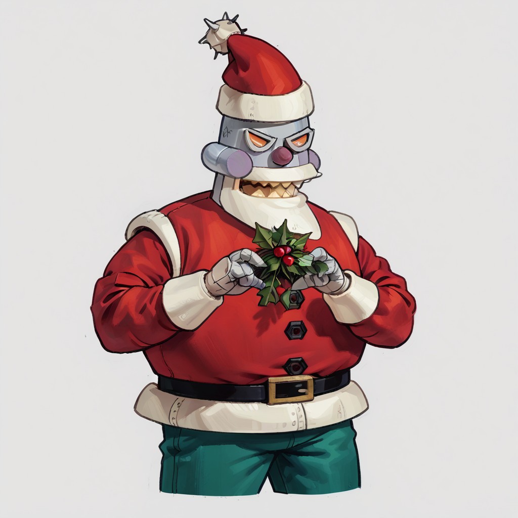 score_9, score_8_up, score_7_up, score_6_up, rating_safe,
r0b0t_s4nta_c1aus, solo, santa hat, santa_costume, pants,  christmas headwear, christmas clothing, solo, laughing manically, handing bombs out disguised as presents,
simple background,