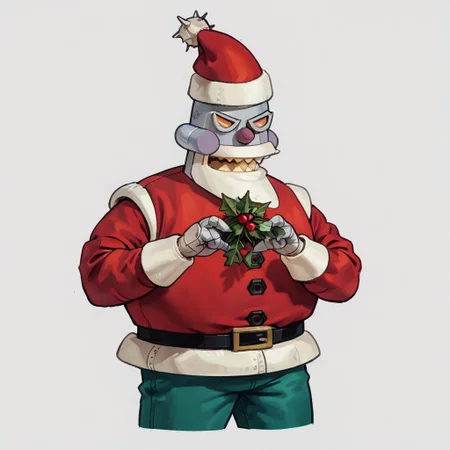 score_9, score_8_up, score_7_up, score_6_up, rating_safe,
r0b0t_s4nta_c1aus, solo, santa hat, santa_costume, pants, christmas headwear, christmas clothing, solo, laughing manically, handing bombs out disguised as presents,
simple background,