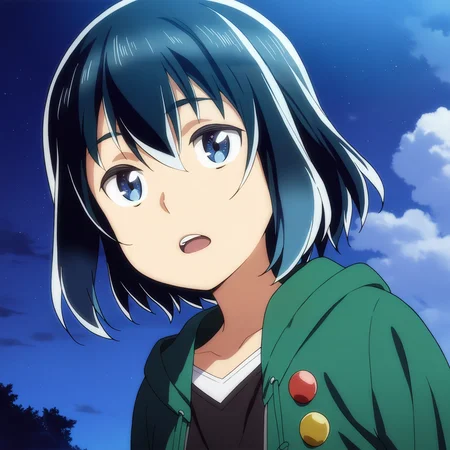 sharp focus, pixiv masterpiece, score_9, score_8_up, source_anime, score_7_up, best quality, high res, absurd res, BREAK
<lora:Hina_hinamatsuri_illustrious_v32:1>, hina_matsuri_il, 1girl, solo, short_hair, blue_hair, green_hooded_jacket, red_button, yellow_button, blue_eyes, black_vneck, white_trim, outside, night, clean background