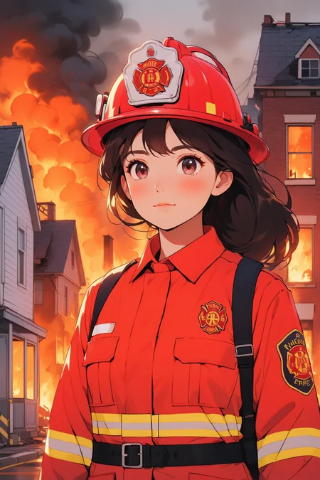 <lora:NHmix:0.8>,mh,1 girl wearing a red fire department uniform with a fire engine and a burning building in the background.