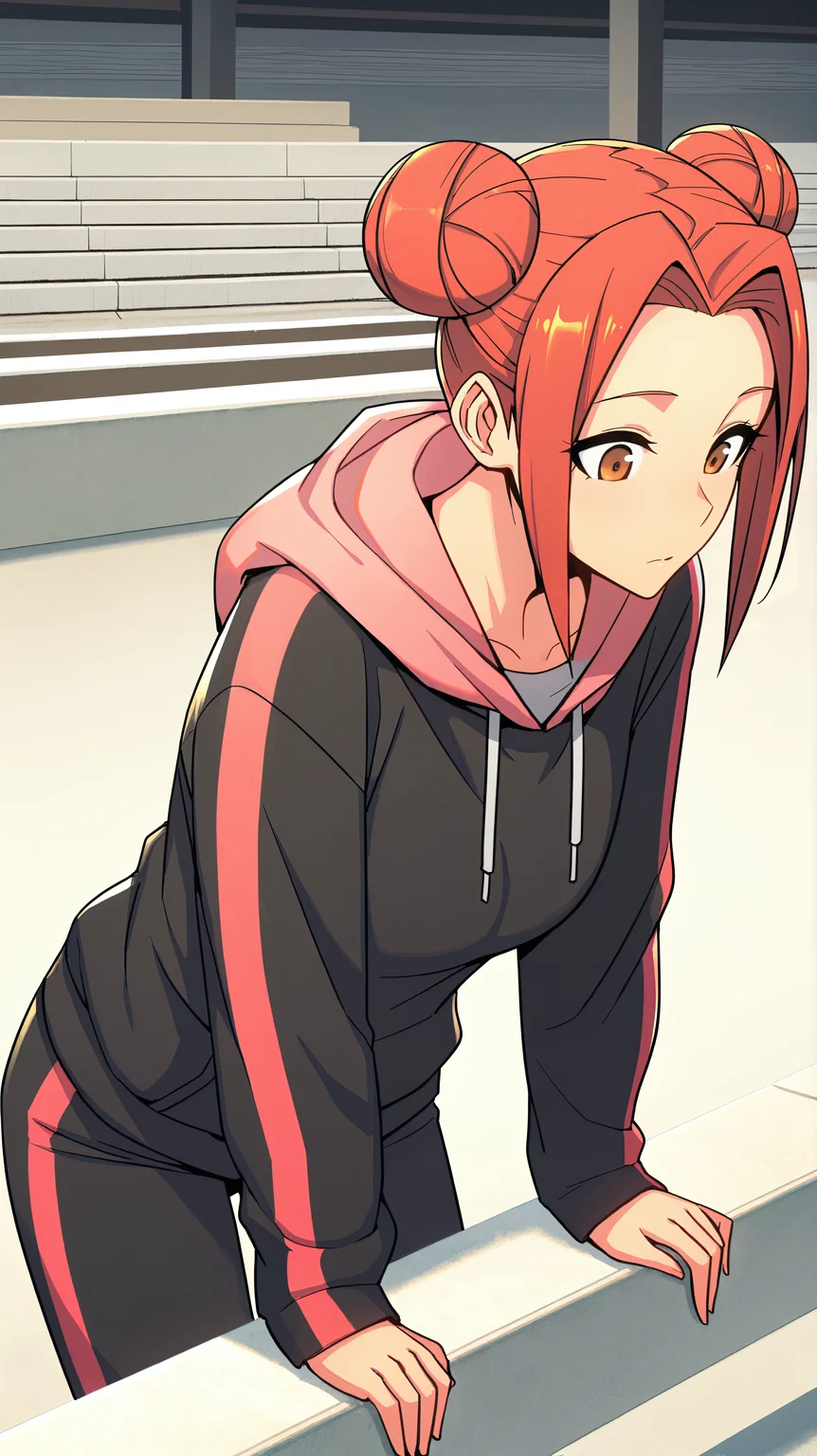 masterpiece, best quality, amazing quality, girl, <lora:Akari Shimizu - Illu:0.9>, akari_shimizu_sl, red hair, double bun, parted hair, hair intakes, brown eyes, black hoodie, pink hood, hood down, long sleeves, black sweatpants, modern architecture, bleachers, looking over the edge, looking down, leaning forward, solo,
