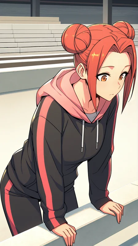 masterpiece, best quality, amazing quality, girl, <lora:Akari Shimizu - Illu:0.9>, akari_shimizu_sl, red hair, double bun, parted hair, hair intakes, brown eyes, black hoodie, pink hood, hood down, long sleeves, black sweatpants, modern architecture, bleachers, looking over the edge, looking down, leaning forward, solo,
