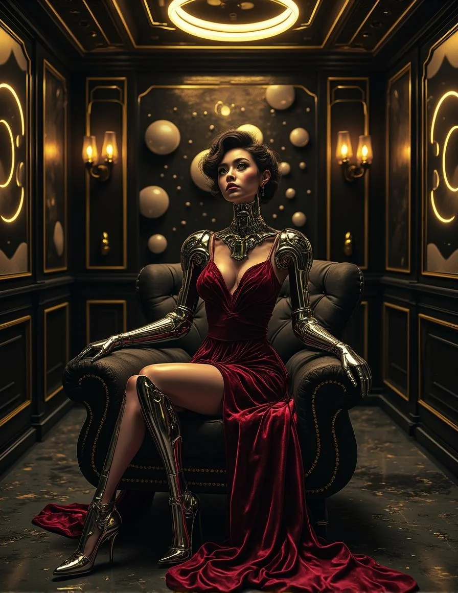 <lora:bizarre - s0_8 g4.safetensors:1> b1z4rr3
In a stately chamber bathed in soft, diffused light, a striking figure commands attention. Seated upon a cushioned Art Deco chair with chrome legs, the woman exudes a blend of retro glamour and futuristic elegance. Her dress, a deep crimson velvet, flows gracefully, each fold and pleat meticulously crafted to highlight her form. The chair, upholstered in a plush black fabric with gold accents, complements her attire and the overall refined setting.
Her presence is otherworldly, enhanced by the intricate metal exoskeletons that encase her limbs. The metallic surfaces, polished to a mirror-like shine, reflect the light and create a mesmerizing play of gleaming highlights and subtle shadows. The exoskeletons are adorned with delicate, symmetrical patterns, each line and curve a testament to high craftsmanship. A golden halo floats above her head, casting a soft, radiant glow that adds to the ethereal ambiance.
The background is a study in luxury and sophistication, featuring deep black walls with chrome and gold geometric accents. The walls are adorned with floating, circular panels, each one a work of art in itself, their surfaces reflecting the light in a series of clean, geometric patterns. The room is illuminated by studio-quality lighting, ensuring that every contour and reflection is captured with precision, creating a sense of timeless beauty and technological advancement.
The composition is carefully balanced, following the rule of thirds to draw the eye to the central figure. The floating circles and lines in the background contribute to the cybernetic atmosphere, harmoniously blending the past and future in a seamless, opulent fusion of Art Deco and modern design.