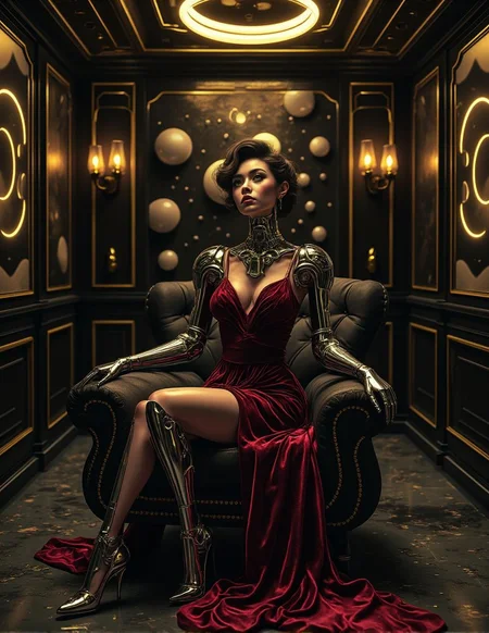 <lora:bizarre - s0_8 g4.safetensors:1> b1z4rr3
In a stately chamber bathed in soft, diffused light, a striking figure commands attention. Seated upon a cushioned Art Deco chair with chrome legs, the woman exudes a blend of retro glamour and futuristic elegance. Her dress, a deep crimson velvet, flows gracefully, each fold and pleat meticulously crafted to highlight her form. The chair, upholstered in a plush black fabric with gold accents, complements her attire and the overall refined setting.
Her presence is otherworldly, enhanced by the intricate metal exoskeletons that encase her limbs. The metallic surfaces, polished to a mirror-like shine, reflect the light and create a mesmerizing play of gleaming highlights and subtle shadows. The exoskeletons are adorned with delicate, symmetrical patterns, each line and curve a testament to high craftsmanship. A golden halo floats above her head, casting a soft, radiant glow that adds to the ethereal ambiance.
The background is a study in luxury and sophistication, featuring deep black walls with chrome and gold geometric accents. The walls are adorned with floating, circular panels, each one a work of art in itself, their surfaces reflecting the light in a series of clean, geometric patterns. The room is illuminated by studio-quality lighting, ensuring that every contour and reflection is captured with precision, creating a sense of timeless beauty and technological advancement.
The composition is carefully balanced, following the rule of thirds to draw the eye to the central figure. The floating circles and lines in the background contribute to the cybernetic atmosphere, harmoniously blending the past and future in a seamless, opulent fusion of Art Deco and modern design.