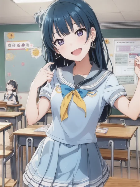 yoshiko, blue hair,<lora:yoshiko_v1:0.7>, original,(illustration:1.1),(best quality),(masterpiece:1.1),(beautiful and clear background:1.25),(extremely detailed CG unity 8k wallpaper:1.1), (colorful:0.9),(depth of field:0.75),( ink splashing:0.95),(color splashing:0.85),(watercolor:0.65),
\\
(cowboy shot:1.4),blue (school uniform:1.4),
1girl, bangs, :d, brown hair, blue_eyes, dress, earrings,looking_at_viewer, neck_ribbon, long hair, smile,
\\
classroom, indoor, sunny, detailed blue sky,