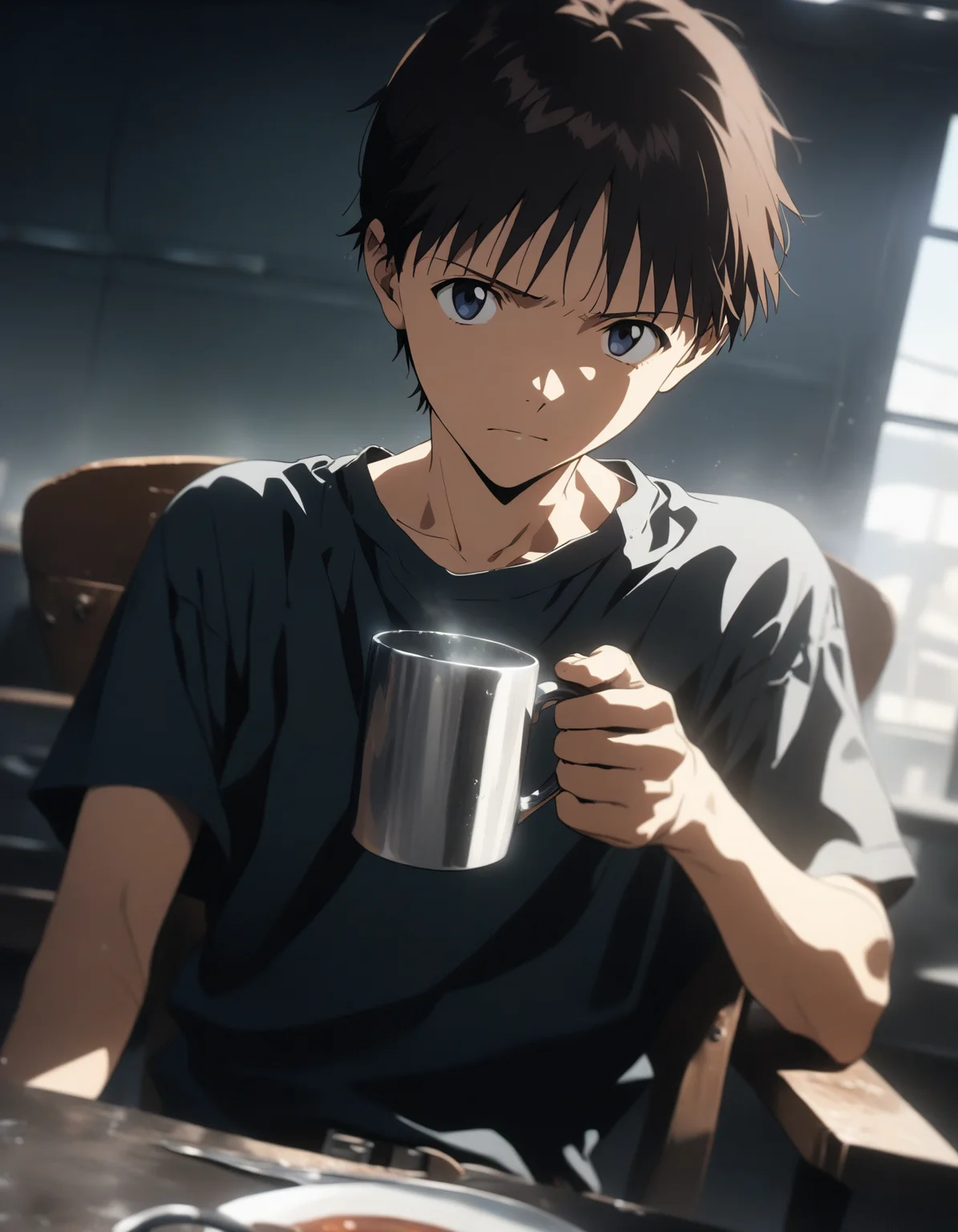1boy, male focus, ikari shinji, neon genesis evangelion, solo, holding mug, sitting, on chair, holding, serious face, looking at viewer, indoors, upper body, cinematic angle,, (masterpiece), (best quality), (ultra-detailed), very aesthetic, illustration, disheveled hair, perfect composition, moist skin, intricate details,