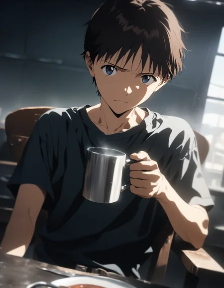 1boy, male focus, ikari shinji, neon genesis evangelion, solo, holding mug, sitting, on chair, holding, serious face, looking at viewer, indoors, upper body, cinematic angle,, (masterpiece), (best quality), (ultra-detailed), very aesthetic, illustration, disheveled hair, perfect composition, moist skin, intricate details,