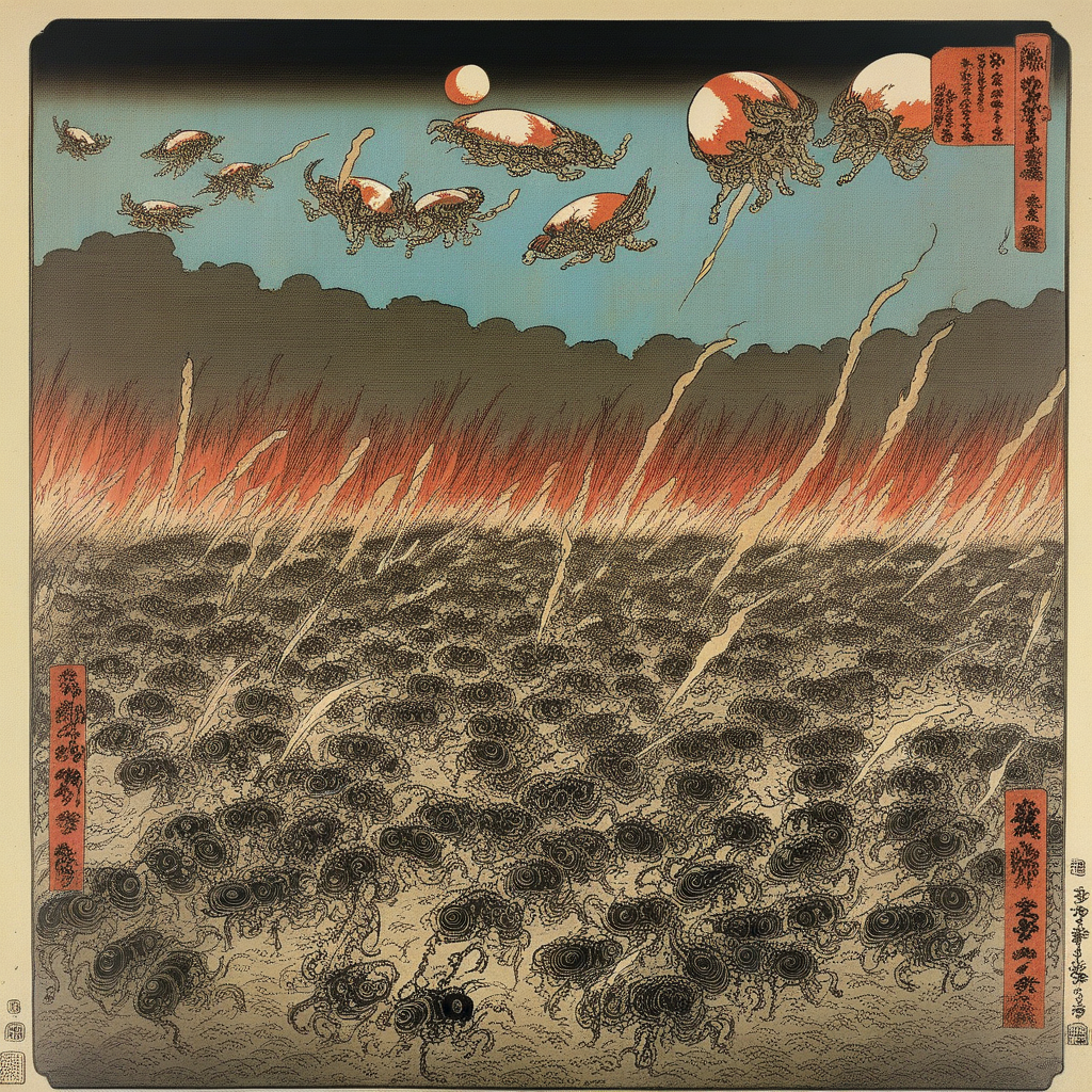 alien invasion, epic, dramatic, battle, horror, japanese art, classic art, ukiyo-e