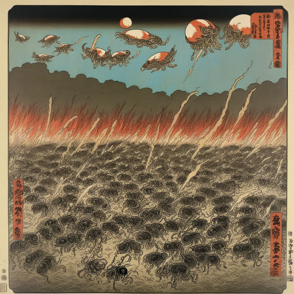 alien invasion, epic, dramatic, battle, horror, japanese art, classic art, ukiyo-e