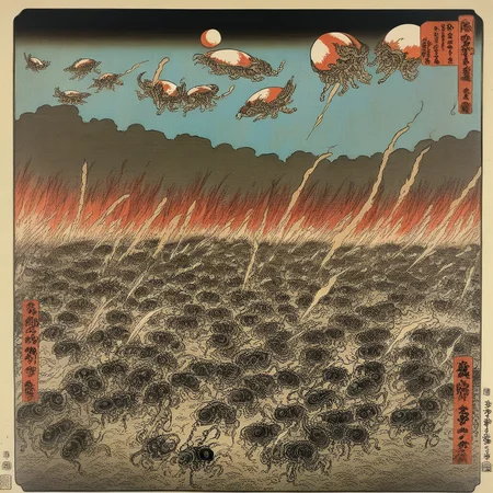 alien invasion, epic, dramatic, battle, horror, japanese art, classic art, ukiyo-e