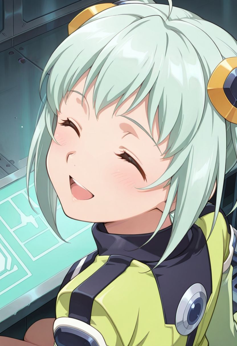 detailed eyes, beautiful, detailed background, perfect eyes,
source_anime, very aesthetic, anime coloring, masterpiece, official art,
<lora:HandFineTuning_XL:1>
BREAK,
sci-fi, hangar, workspace, holograms,
cowboy shot, flat chest, blush,
{from side|from behind|from front), {from above|from below},
dynamic angle, sitting, open smile, eyes closed,
BREAK,
<lora:momo100Series_illustriousXL_v02:1>
x1hs, android, green hair, bangs, green eyes, short hair, twintails, green dress, short dress, green boots, green long sleeves, elbow gloves, hair ornament, sidelocks