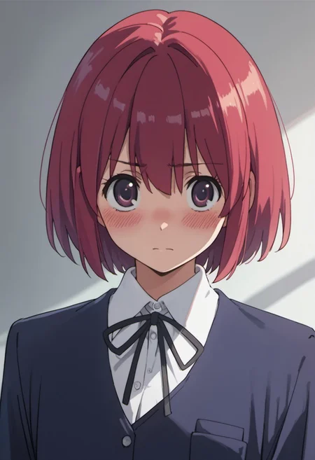 score_9, score_8_up, score_7_up, source_anime, kushieda minori, red hair, short hair, purple eyes, 1girl, solo, school uniform, blush, anime coloring