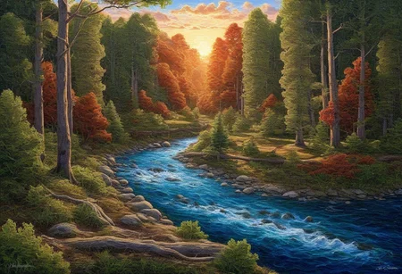 amazing oil painting, of gorgeous view, award winning, breathtaking, 4k, hyperrealistic, dramatic lighting <lora:Earth35_000010:0.4> <lora:Landscape_Unleashed:0.8>
"Nature's serene beauty: A tranquil river flowing through a dense forest, with the sun casting a warm glow on the scene."