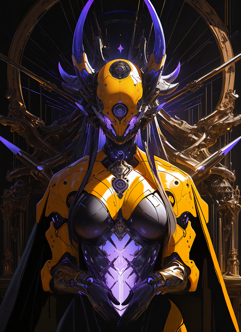 masterpiece, best quality, newest, absurdres, highres, painting, mcnm, intricate mask, spikes, horns, yellow armor, soft purple glow, soft colors, detailed, <lora:Mechanism-Illustious:1.0>